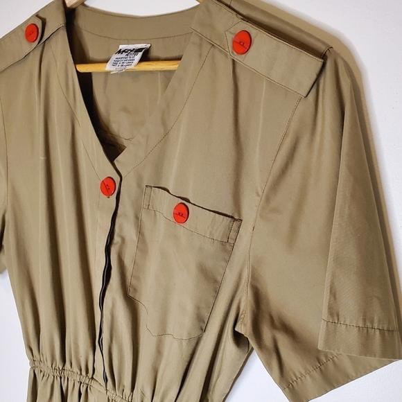 Revolution Muse Army-Influenced Dress with Pocket, Gathered Waist & Red Buttons - Picture 2 of 16